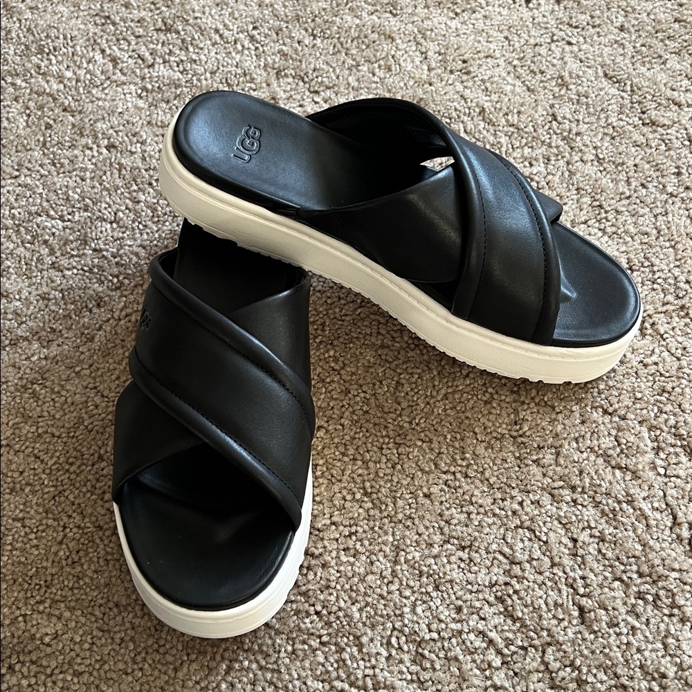 Women’s Black Leather UGG Zayne Crossband Platform Slide Sandals size 8